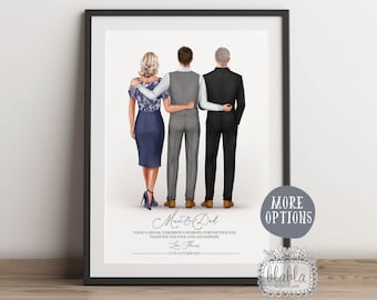 Regalo personalizado para padres del novio, arte personalizado del retrato del novio y de los padres, costumbre de la madre del novio, tarjeta de la madre del novio