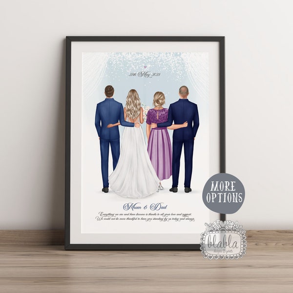 Personalised Parents of the Bride Gift, Custom Bride, Groom and Parents Portrait Art, Mother of the Bride Custom, Custom Bridal Drawing,