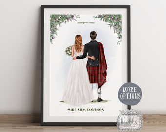 Scottish Wedding Bride & Groom Personalised Print, Groom in Kilt, Scottish Wedding Gift, Groom and Bride illustration, Scottish Thistle