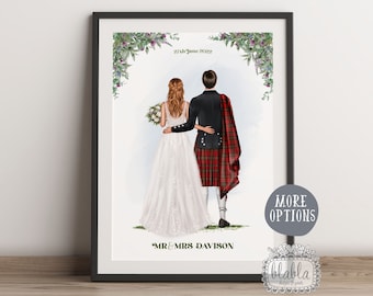 Schottische Hochzeit Braut & Bräutigam personalisierter Druck, Bräutigam im Kilt, schottisches Hochzeitsgeschenk, Bräutigam und Braut Illustration, schottische Distle
