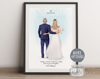 May include: A watercolor illustration of a bride and groom walking down the aisle. The bride is wearing a white dress and the groom is wearing a blue suit. The background is a light blue with white dots. The text "Today a bride, tomorrow a wife, forever your daughter. LOVE, Olivia" is at the bottom of the image.