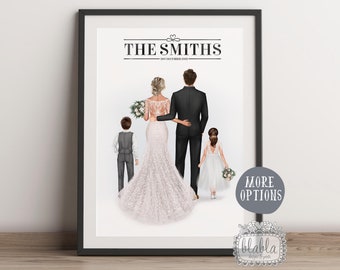 Personalised Family Wedding Print, Wedding Print, Bride and Groom Gift, Wedding Gift with Kids and Pets, Anniversary Gift,
