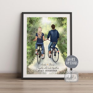 Impresión personalizada de pareja ciclista, regalo para motociclista, regalo de San Valentín, retrato de pareja, regalo de pareja, regalo para novia, marido y esposa