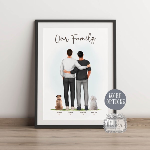 Personalised Gay Couple with Pets Gift, Gay Couple Gift, Couple and Pet, Personalised Family Illustration, Anniversary Gift, Gift for Couple