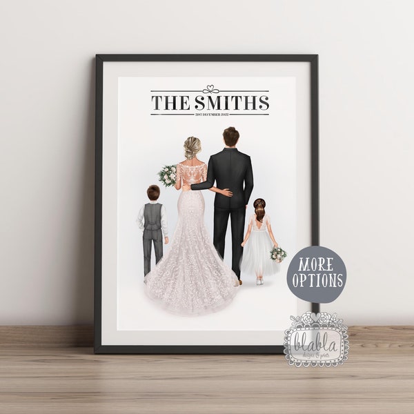 Personalised Family Wedding Print, Wedding Print, Bride and Groom Gift, Wedding Gift with Kids and Pets, Anniversary Gift,
