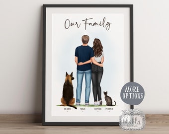 Cadeau personnalisé pour couple avec animaux de compagnie, cadeau de famille, couple et animal de compagnie, illustration de famille personnalisée, cadeau d'anniversaire, cadeau pour couple