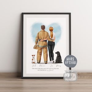 Custom Firefighter Family with Pet, Fireman Boyfriend, Fireman Husband, Anniversary Gift, Husband & Wife Print, Personalised Valentines Gift