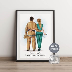 Regalo personalizado de enfermera y bombero, póster personalizado para parejas, impresión de bombero, regalo para pareja, impresión de esposo y esposa