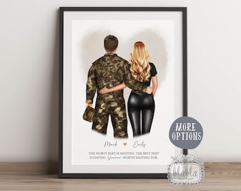 May include: A digital illustration of a couple, a man in military camouflage and a woman in black clothing, standing back to back with their arms around each other. The text "Mark & Emily" is below the couple, and the text "THE WORST PART IS WAITING, THE BEST PART IS HAVING SOMEONE WORTH WAITING FOR." is below the names.