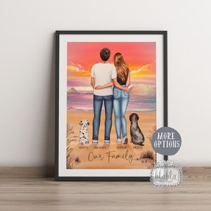 Personalised Valentines Gift, Couple and Pet Print, Gift for him, Personalised Family Illustration, Anniversary Gift, Gift for Couple