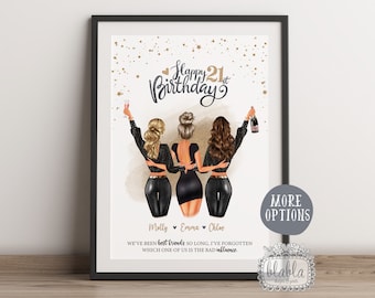 Gepersonaliseerde illustratie voor de 21e verjaardag van je beste vriendin, vriendschapskunst op maat, cadeau voor een vriendin, print op maat voor je beste vriendin, verjaardagskaart