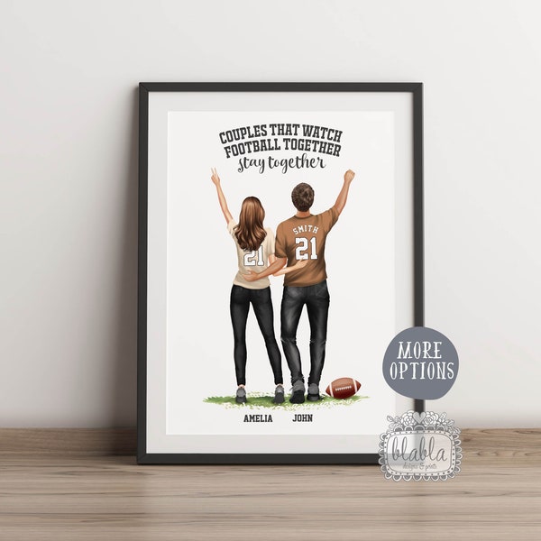 American football Couple Print, Personalised Football Couple Poster, Football Quotes, Personalised Gifts for Couples, Couple Portrait