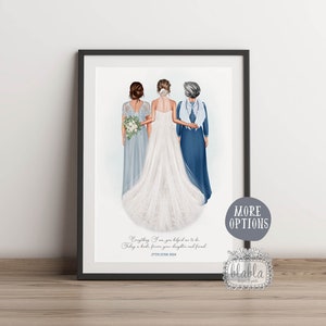 May include: A watercolour illustration of three women in dresses walking together. The woman in the middle is wearing a white wedding dress, the woman on the left is wearing a light blue dress, and the woman on the right is wearing a dark blue dress. The text "Everything I am, you helped me to be. Today a bride, forever your daughter and friend. 27th June 2024" is printed below the illustration.