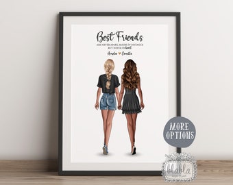 May include: A printable art print featuring a digital illustration of two women walking side-by-side. The women are wearing casual clothing and have long hair. The text "Best Friends Are Never Apart. Maybe In Distance But Never In Heart" is printed above the illustration. The names "Adie" and "Camilla" are printed below the illustration.