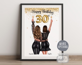 Puede incluir: Una tarjeta de cumpleaños imprimible con dos mujeres con atuendos negros, purpurina dorada y un globo dorado que dice "Feliz cumpleaños 30".