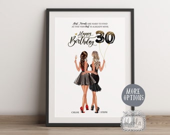 Puede incluir: Una tarjeta de cumpleaños imprimible con dos mujeres con vestidos negros sosteniendo copas de champán y globos que dicen "Feliz cumpleaños 30". El texto dice "Las mejores amigas son difíciles de encontrar, ya que la mejor ya es mía."