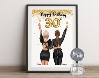 Puede incluir: Una impresión enmarcada que presenta a dos mujeres celebrando un 30 cumpleaños. La obra de arte muestra a las mujeres con copas de champán, las palabras "Happy Birthday 30th" y confeti dorado. Los nombres "Katie" y "Mary" están en la parte inferior.