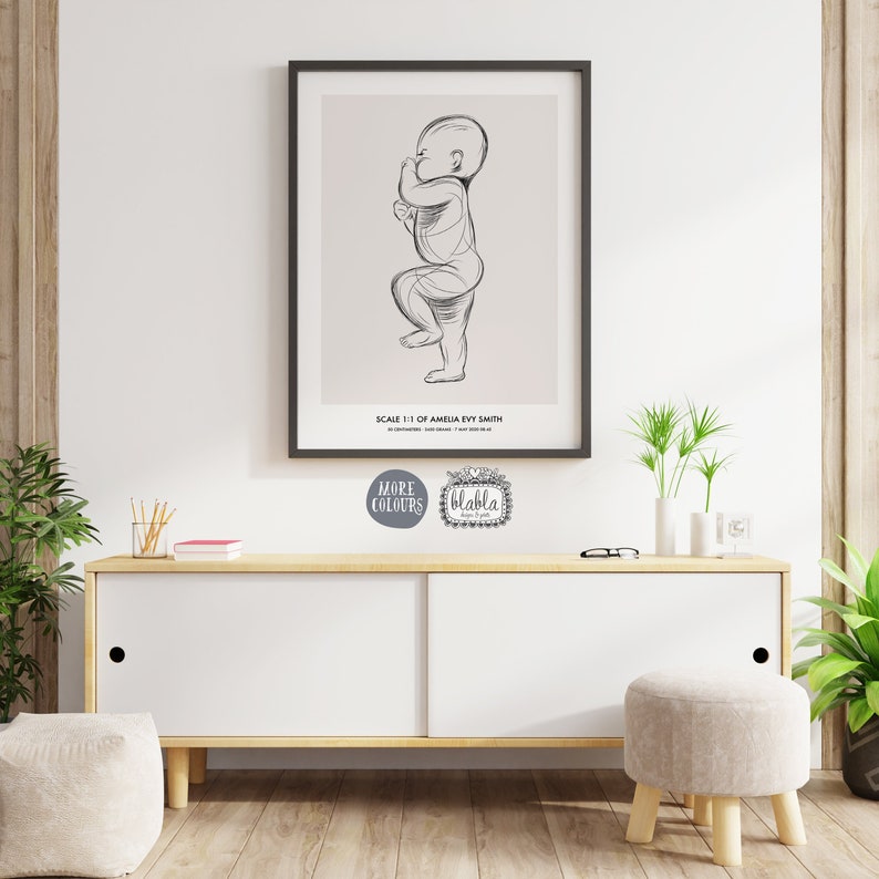 Op de afbeelding: Een zwart-witte lijntekening van een baby in een staande houding. De tekening is ingelijst en hangt aan een witte muur. De tekst "SCALE 1:1 OF AMELIA EVY SMITH" staat onder de tekening.