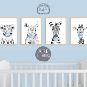 Safari Tiere, Kinderzimmer Poster, Baby Geschenk, Babyzimmer, Löwe, Zebra, Affe, Giraffe, Nashorn, Bubblegum Poster