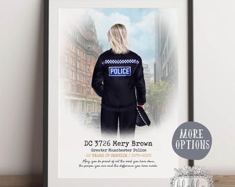 May include: A framed print with a watercolor illustration of a police officer in uniform standing in front of a city building. The text on the print reads "DC 3726 Mery Brown Greater Manchester Police 20 YEARS OF SERVICE/2015-2025 May you be proud of all the work you have done, the person you are and the difference you have made."