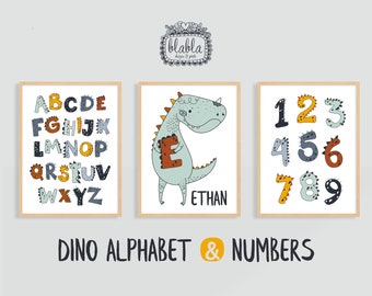 Personalised Dino Posters, Dinosaur Alphabet, Posters Set, Kids Educational Wall Art, Nursery Playroom Decor, ABC, Numbers, Initial Poster