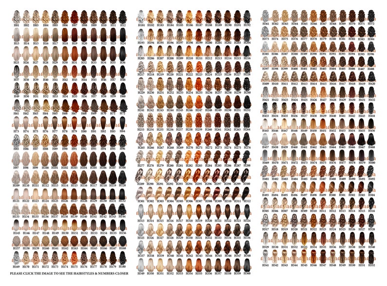 May include: A chart of 100 different hairstyles for women, with each hairstyle numbered. The hairstyles are arranged in rows and columns, and each hairstyle is shown from the back. The hairstyles include a variety of lengths, colors, and styles.