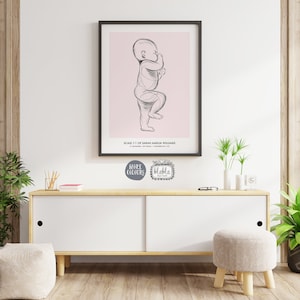 Op de afbeelding: Een zwart-witte lijntekening van een baby die op een roze achtergrond staat. De tekening is ingelijst en hangt aan een muur. De tekst "SCALE 1:1 OF SARAH AMELIA WILLIAMS" staat onder de tekening.