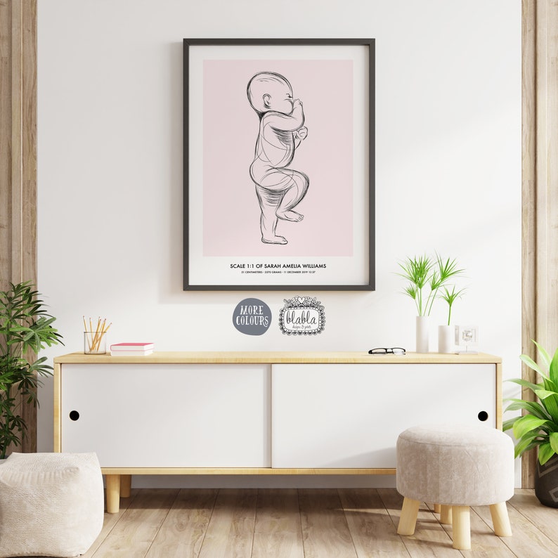 Op de afbeelding: Een zwart-witte lijntekening van een baby die op een roze achtergrond staat. De tekening is ingelijst en hangt aan een muur. De tekst "SCALE 1:1 OF SARAH AMELIA WILLIAMS" staat onder de tekening.
