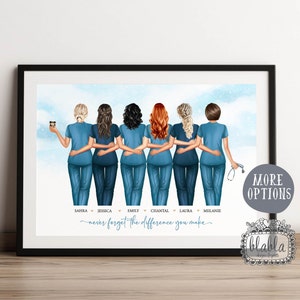 May include: A digital illustration of six women in blue scrubs standing back to back with their arms around each other. The women have different hair colors and styles. The text "never forget the difference you make" is below the women. The names Sahra, Jessica, Emily, Chantal, Laura, and Melanie are written below the text.