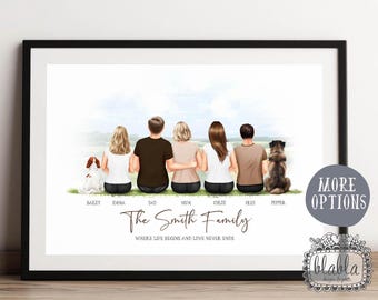 Puede incluir: Una ilustración de acuarela de una familia de seis personas con dos perros. La familia está sentada en una colina cubierta de hierba con la espalda al espectador. El texto "The Smith Family" está escrito debajo de la familia, junto con la frase "Where life begins and love never ends".