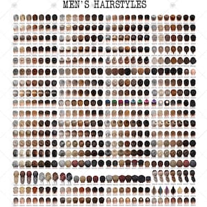 May include: A chart of 100 different men's hairstyles, each with a unique style and color. The hairstyles are numbered and labeled with a code.