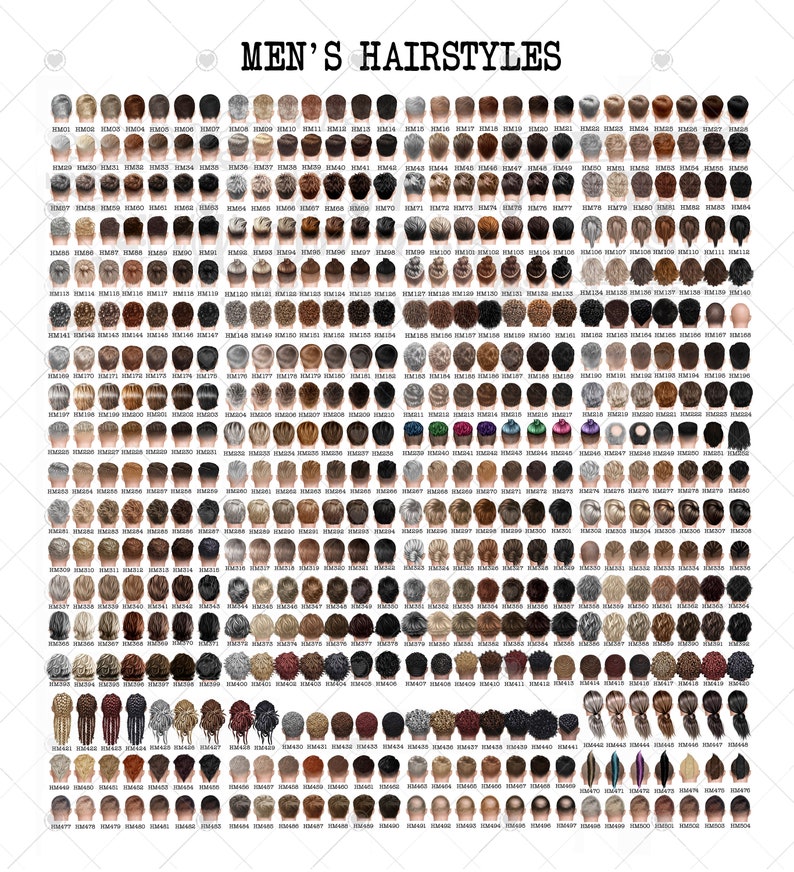 May include: A chart of 100 different men's hairstyles, each with a unique style and color. The hairstyles are numbered and labeled with a code.