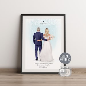 Puede incluir: Una ilustraci&oacute;n enmarcada de una novia y un novio caminando por el pasillo. La novia lleva un vestido blanco y el novio lleva un traje azul. El fondo es azul claro con puntos blancos. El texto "Today a bride, tomorrow a wife, forever your daughter. LOVE, Olivia" est&aacute; en la parte inferior de la imagen.