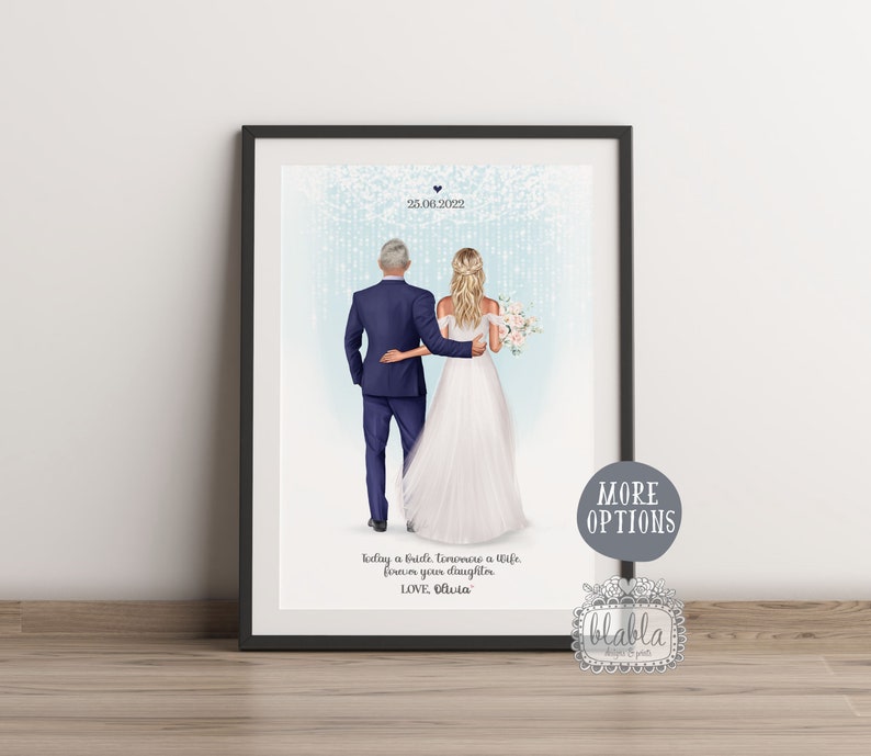 Puede incluir: Una ilustraci&oacute;n enmarcada de una novia y un novio caminando por el pasillo. La novia lleva un vestido blanco y el novio lleva un traje azul. El fondo es azul claro con puntos blancos. El texto "Today a bride, tomorrow a wife, forever your daughter. LOVE, Olivia" est&aacute; en la parte inferior de la imagen.