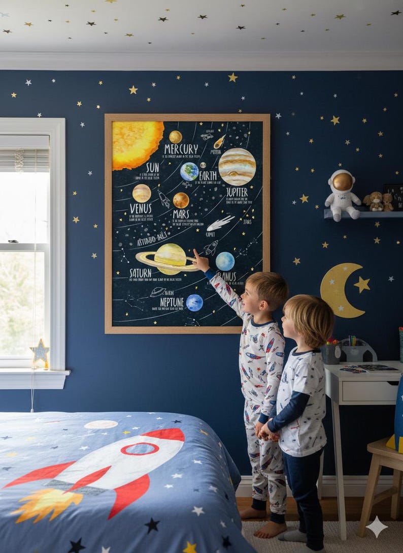 Vertical watercolor illustration of the Solar System for kids, showing the sun and all planets in order, playful and educational wall art for nursery or kids’ room.