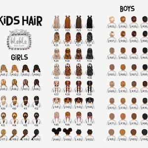 May include: A chart with illustrations of different hairstyles for kids. The chart is divided into two sections: "Girls" and "Boys". Each hairstyle is numbered and labeled with a "K" followed by a number.