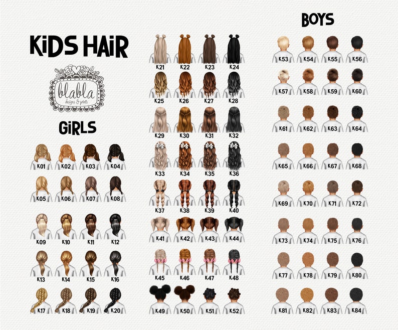 May include: A chart with illustrations of different hairstyles for kids. The chart is divided into two sections: "Girls" and "Boys". Each hairstyle is numbered and labeled with a "K" followed by a number.