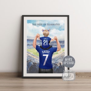 May include: A digital illustration of a father and daughter in matching blue soccer jerseys. The father is holding the daughter on his shoulders. The daughter's jersey has the name "Emily" and the number "21" on the back. The father's jersey has the word "Daddy" and the number "7" on the back. The background is a blurred image of a soccer stadium.