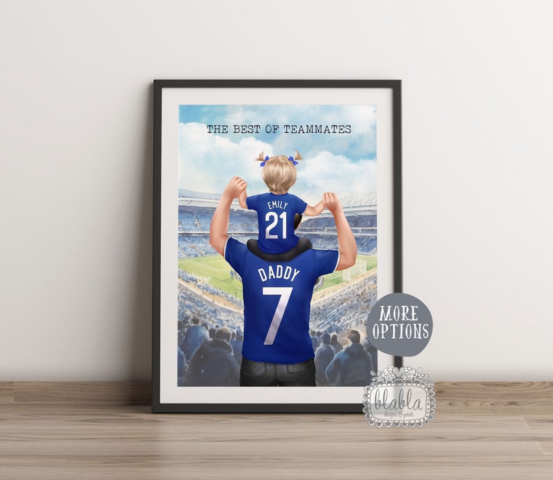 May include: A digital illustration of a father and daughter in matching blue soccer jerseys. The father is holding the daughter on his shoulders. The daughter's jersey has the name "Emily" and the number "21" on the back. The father's jersey has the word "Daddy" and the number "7" on the back. The background is a blurred image of a soccer stadium.