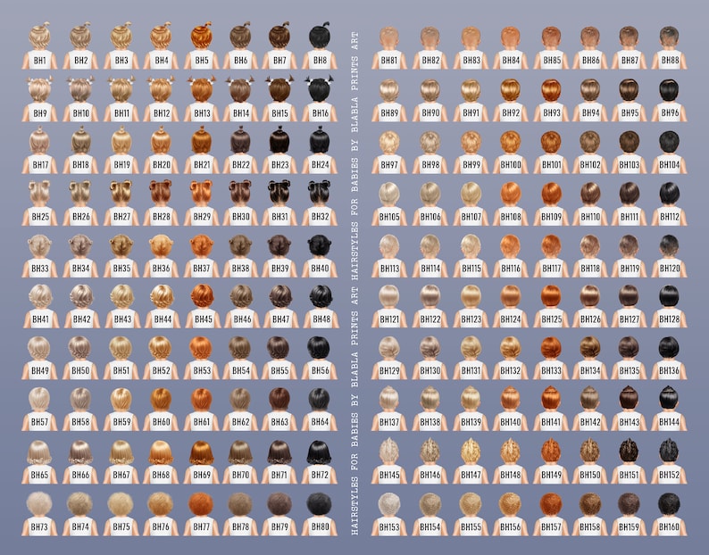 May include: A chart of 160 different hairstyles for babies, with each hairstyle labeled with a unique code. The hairstyles are shown on a white background.
