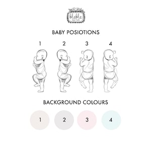 Op de afbeelding: Vier verschillende babyposities worden getoond in zwart-witte lijntekeningen. Onder de tekeningen bevinden zich vier cirkels die achtergrondkleuren voorstellen: lichtbeige, lichtgrijs, lichtroze en lichtblauw.