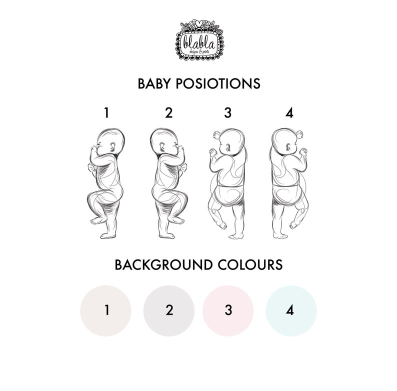 Op de afbeelding: Vier verschillende babyposities worden getoond in zwart-witte lijntekeningen. Onder de tekeningen bevinden zich vier cirkels die achtergrondkleuren voorstellen: lichtbeige, lichtgrijs, lichtroze en lichtblauw.