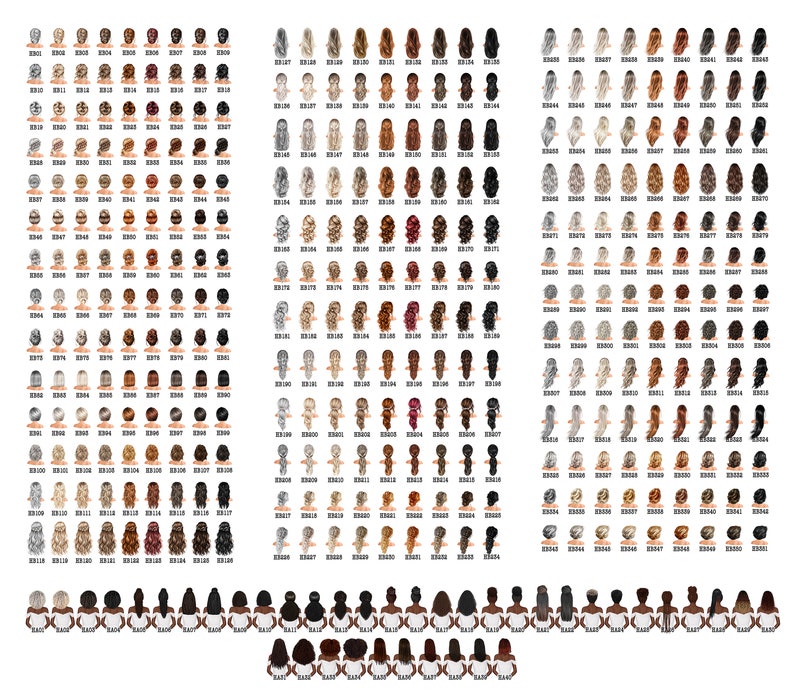 Puede incluir: Una ilustraci&oacute;n digital de 100 peinados diferentes para mujeres. Los peinados se muestran desde la parte posterior e incluyen una variedad de longitudes, colores y estilos.