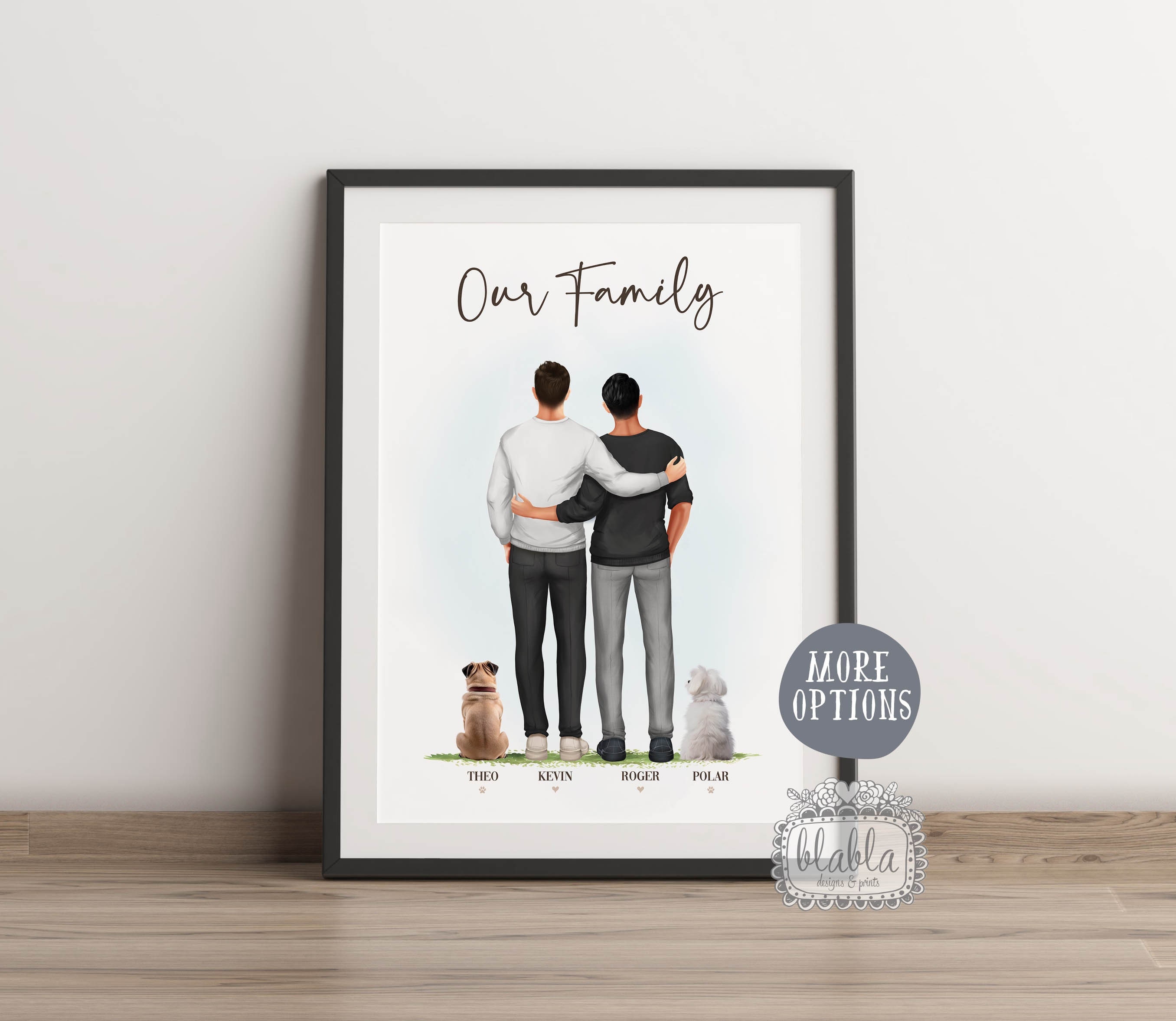 Personalised Gay Couple with Pets Gift, Gay Couple Gift, Couple and Pet, Personalised Family Illustration, Anniversary Gift, Gift for Couple