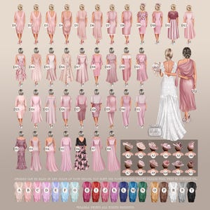 Puede incluir: Un gr&aacute;fico con 38 estilos de vestidos diferentes para damas de honor, junto con un gr&aacute;fico separado de 12 estilos de sombreros. Todos los vestidos son rosas, mientras que los sombreros son de varios colores. El texto en la parte inferior del gr&aacute;fico dice "Los vestidos se pueden hacer en cualquier color de su elecci&oacute;n. &iquest;No ve el color que desea? No dude en ponerse en contacto con nosotros."