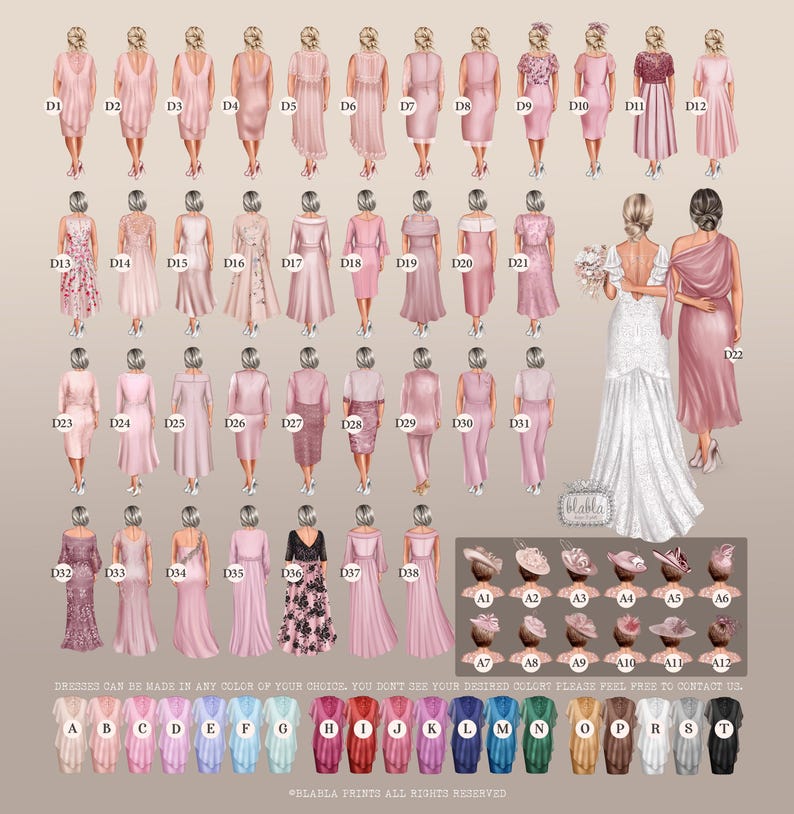 Puede incluir: Un gr&aacute;fico con 38 estilos de vestidos diferentes para damas de honor, junto con un gr&aacute;fico separado de 12 estilos de sombreros. Todos los vestidos son rosas, mientras que los sombreros son de varios colores. El texto en la parte inferior del gr&aacute;fico dice "Los vestidos se pueden hacer en cualquier color de su elecci&oacute;n. &iquest;No ve el color que desea? No dude en ponerse en contacto con nosotros."