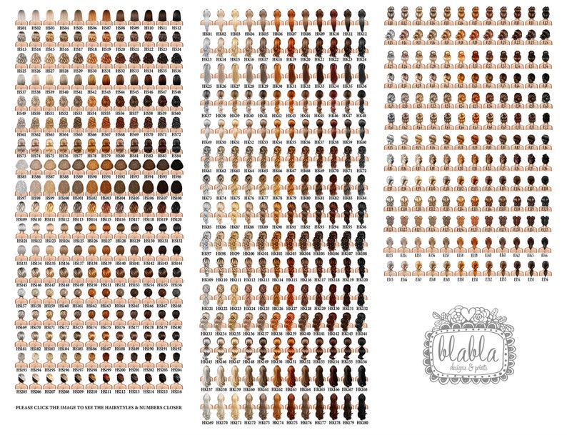 Puede incluir: Un gr&aacute;fico con 176 peinados diferentes para mujeres, numerados y organizados en filas. Los peinados son todos vistas traseras de mujeres con diferentes colores de cabello, longitudes y estilos. El gr&aacute;fico est&aacute; etiquetado como "PLEASE CLICK THE IMAGE TO SEE THE HAIR STYLES & NUMBERS CLOSER" en la parte inferior. El gr&aacute;fico tambi&eacute;n est&aacute; etiquetado como "blabla designs & prints" en la parte inferior derecha.