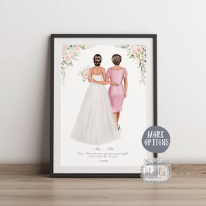Puede incluir: Una ilustraci&oacute;n de acuarela de una novia y su madre caminando de espaldas a la c&aacute;mara. La novia lleva un vestido de novia blanco y la madre lleva un vestido rosa. El texto "Today a Bride, Tomorrow a wife, forever your daughter, best friends for life. I love you!" est&aacute; escrito debajo de la ilustraci&oacute;n.