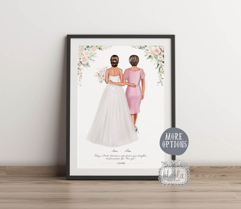 Puede incluir: Una ilustraci&oacute;n de acuarela de una novia y su madre caminando de espaldas a la c&aacute;mara. La novia lleva un vestido de novia blanco y la madre lleva un vestido rosa. El texto "Today a Bride, Tomorrow a wife, forever your daughter, best friends for life. I love you!" est&aacute; escrito debajo de la ilustraci&oacute;n.