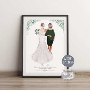 Puede incluir: Una ilustraci&oacute;n de acuarela de una novia y su madre caminando por el pasillo. La novia lleva un vestido de novia blanco con velo y lleva un ramo de flores blancas. La madre lleva un vestido verde. El texto "Bride - Mom" y "Today a Bride, tomorrow a wife, forever your daughter, but friends for life. I love you!" est&aacute; impreso debajo de la ilustraci&oacute;n.